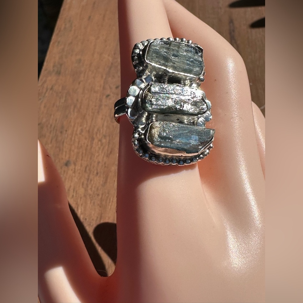 Sterling Raw Blue Kyanite 3 Crystal Ring Size 8
